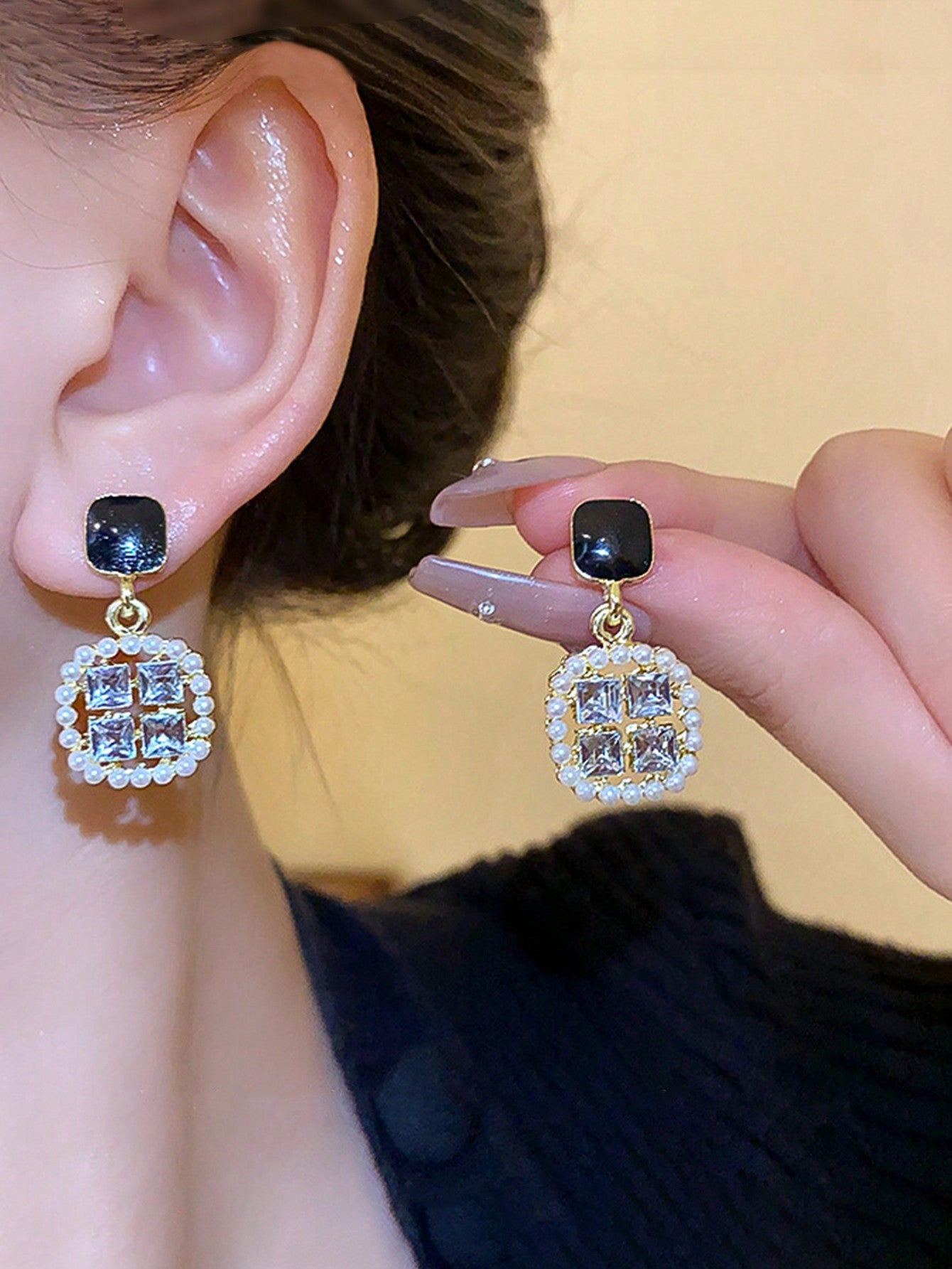 Square Zirconia & Simulated Pearl Stud Earrings