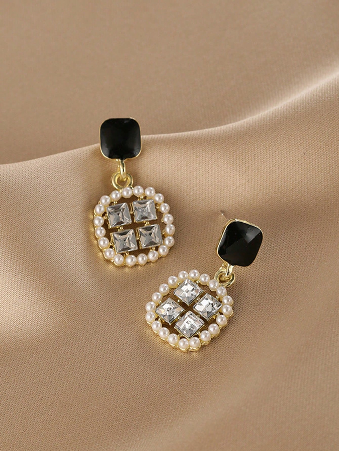 Square Zirconia & Simulated Pearl Stud Earrings