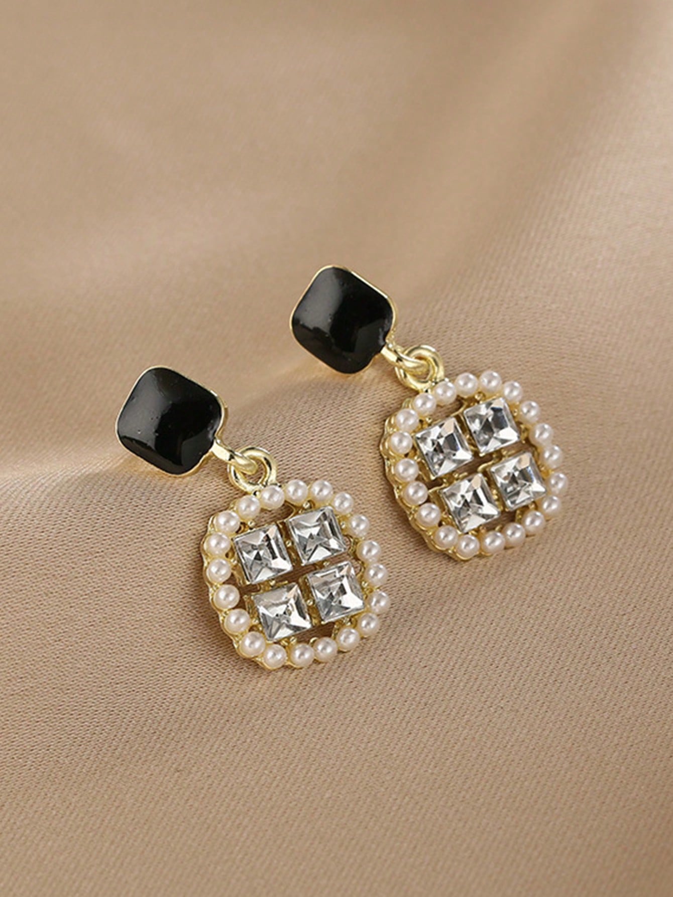 Square Zirconia & Simulated Pearl Stud Earrings