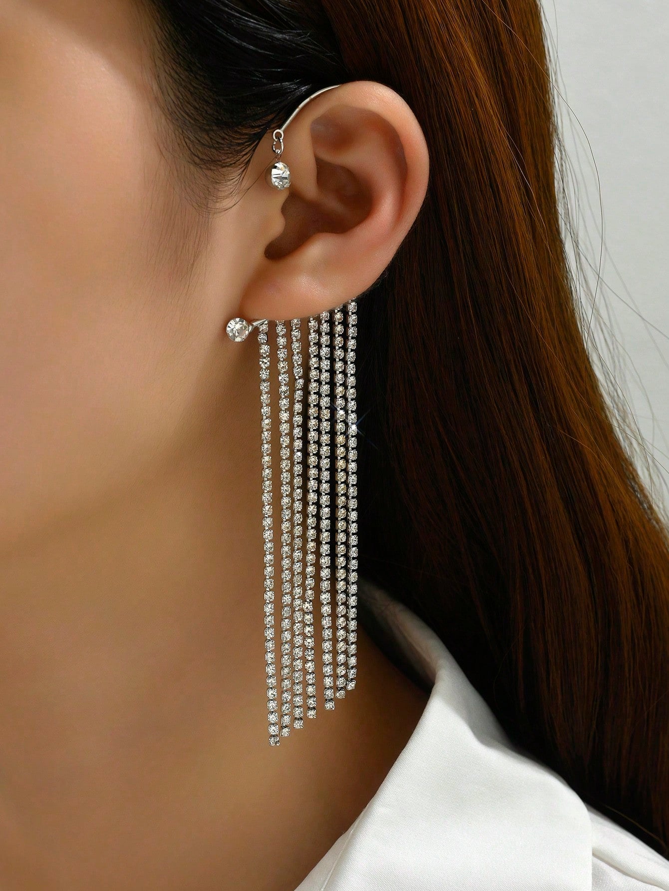 1pc Silver Rhinestone Stud Chain Fringe Ear Cuff (non-pierced)