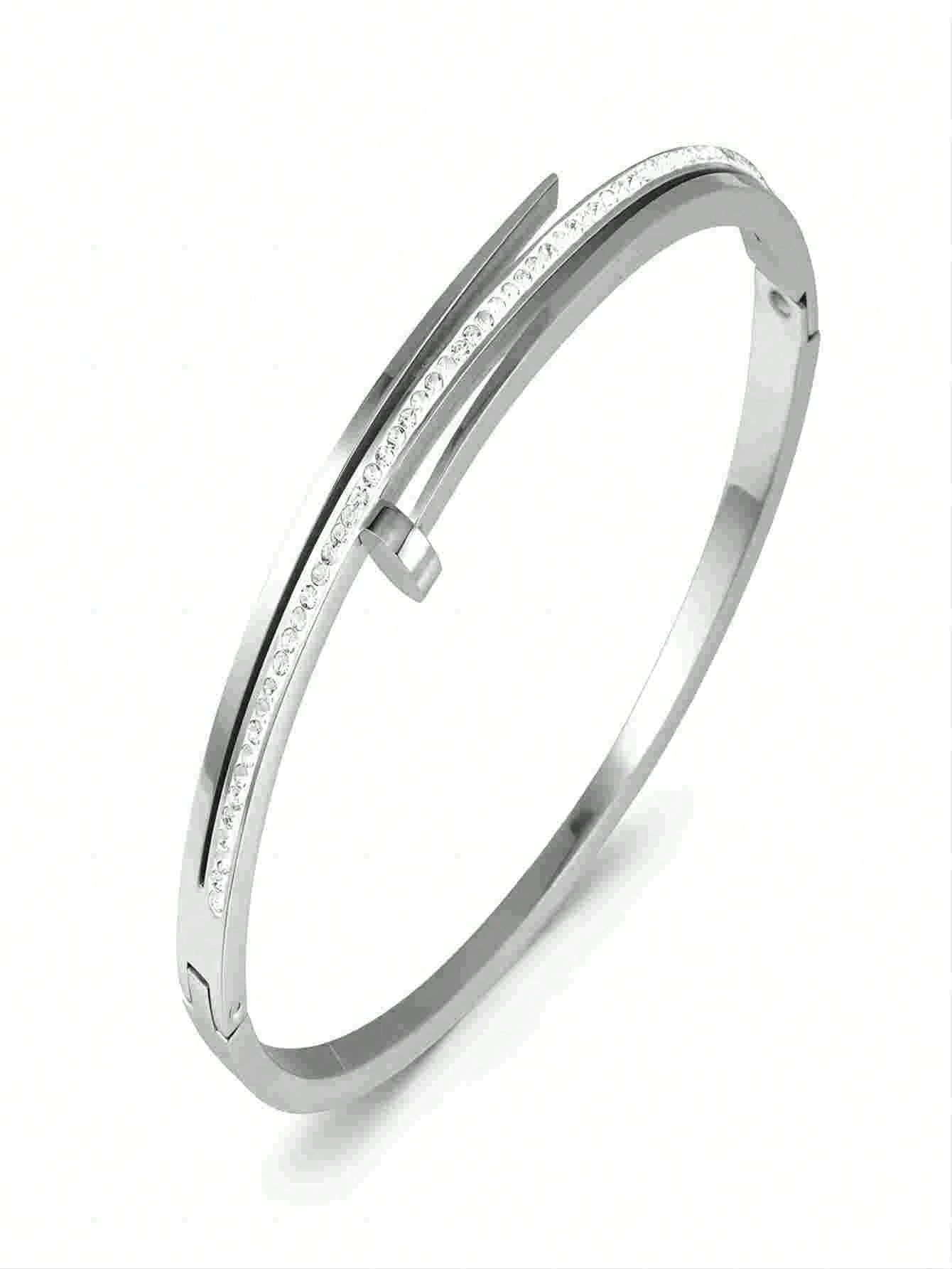 1pc Fashionable And Popular Cubic Zirconia & Rhinestone Decor Steel Color Spike Bangle Bracelet