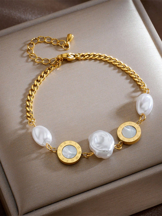 Irregular Pearl & Roman Numeral Round Disc Detail Chain Bracelet