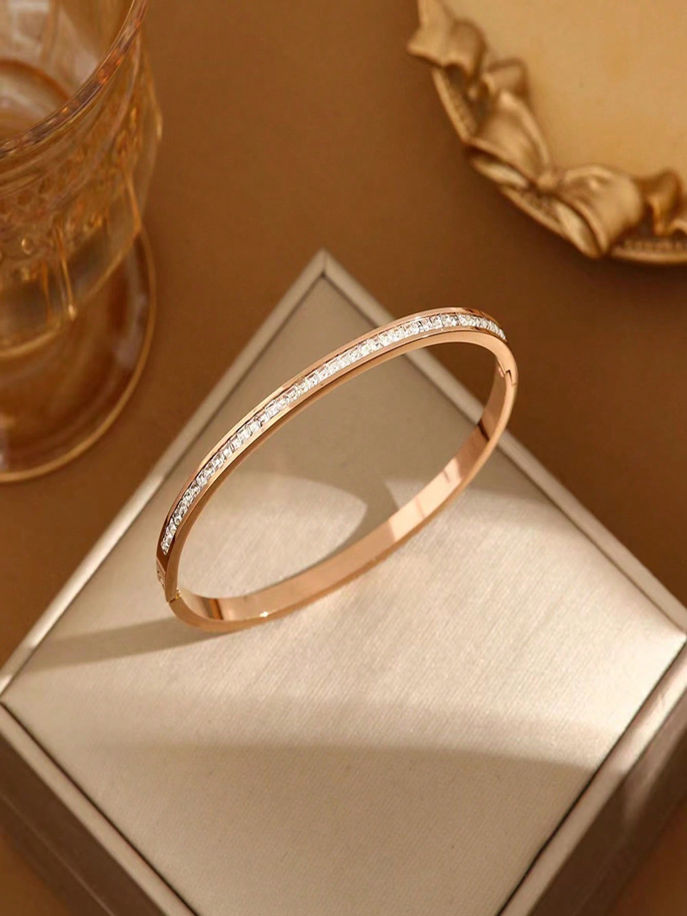 Stainless Steel Couple Bracelet With Single Row Rhinestones