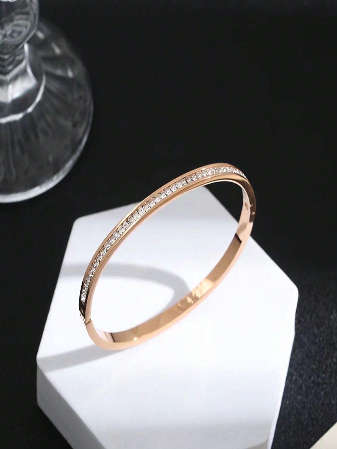 Stainless Steel Couple Bracelet With Single Row Rhinestones