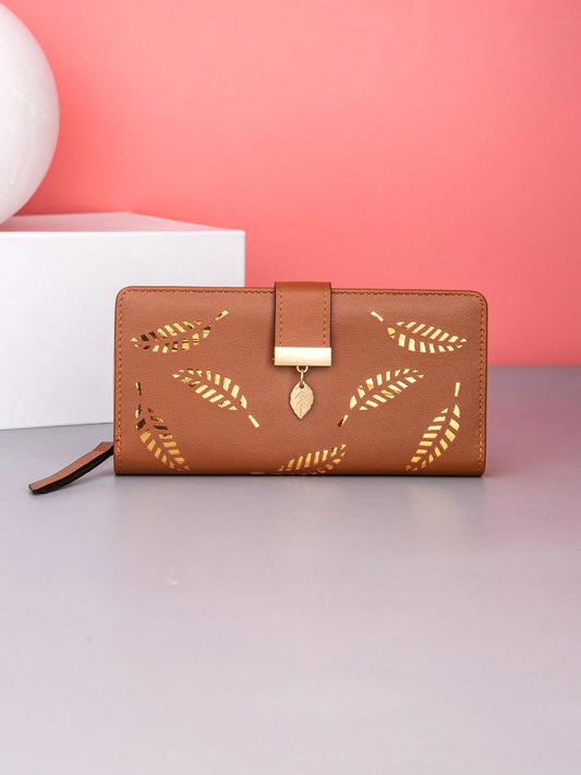 Women's Fashionable Brown Leaf Pattern Hot Stamping Pu Clutch Wallet