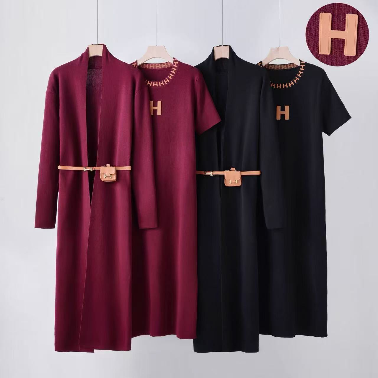 Viscose Knit Two-Piece Dress Set wit Belt
