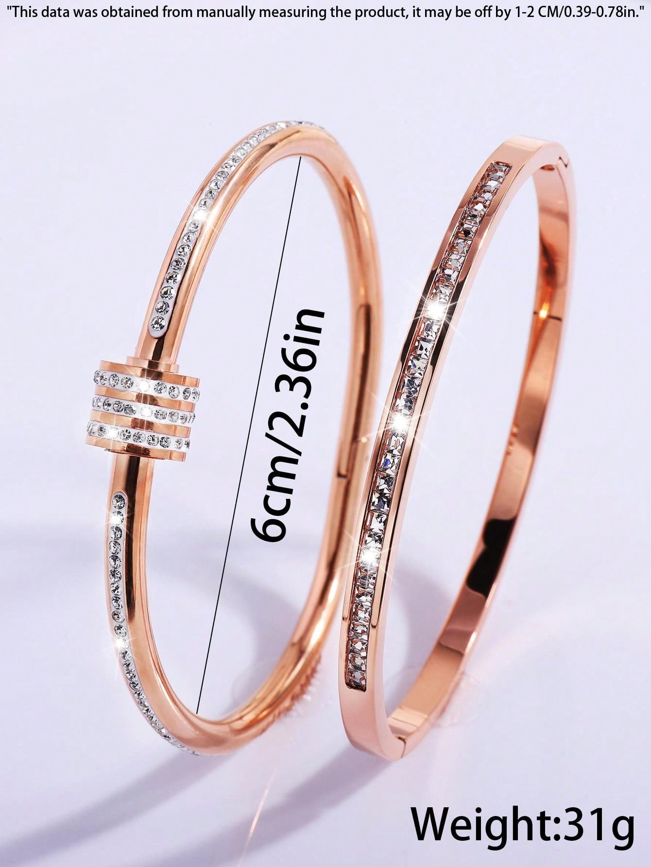 2 Pc Simple Fashion Light Luxury Stainless Steel Single Row Drill Rotating Bracelet