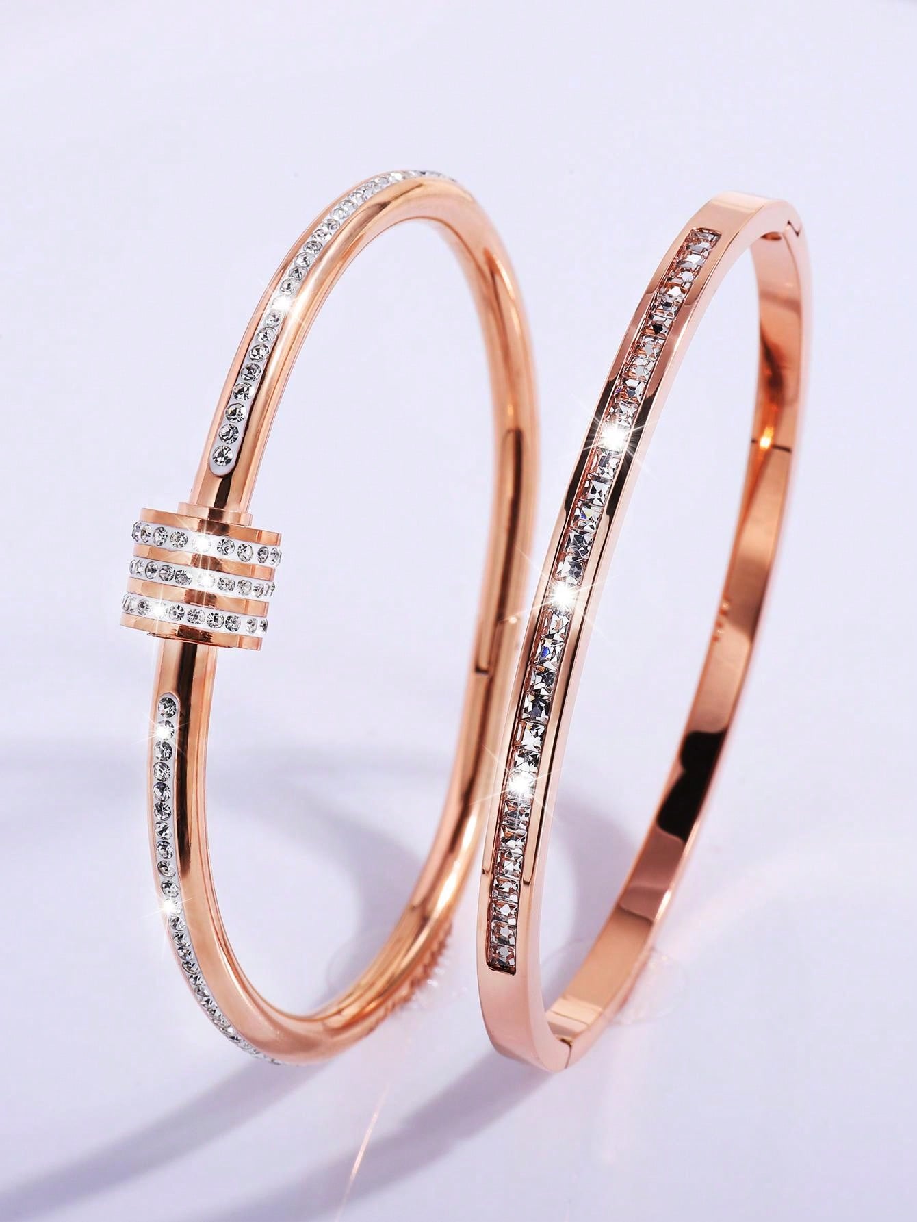 2 Pc Simple Fashion Light Luxury Stainless Steel Single Row Drill Rotating Bracelet