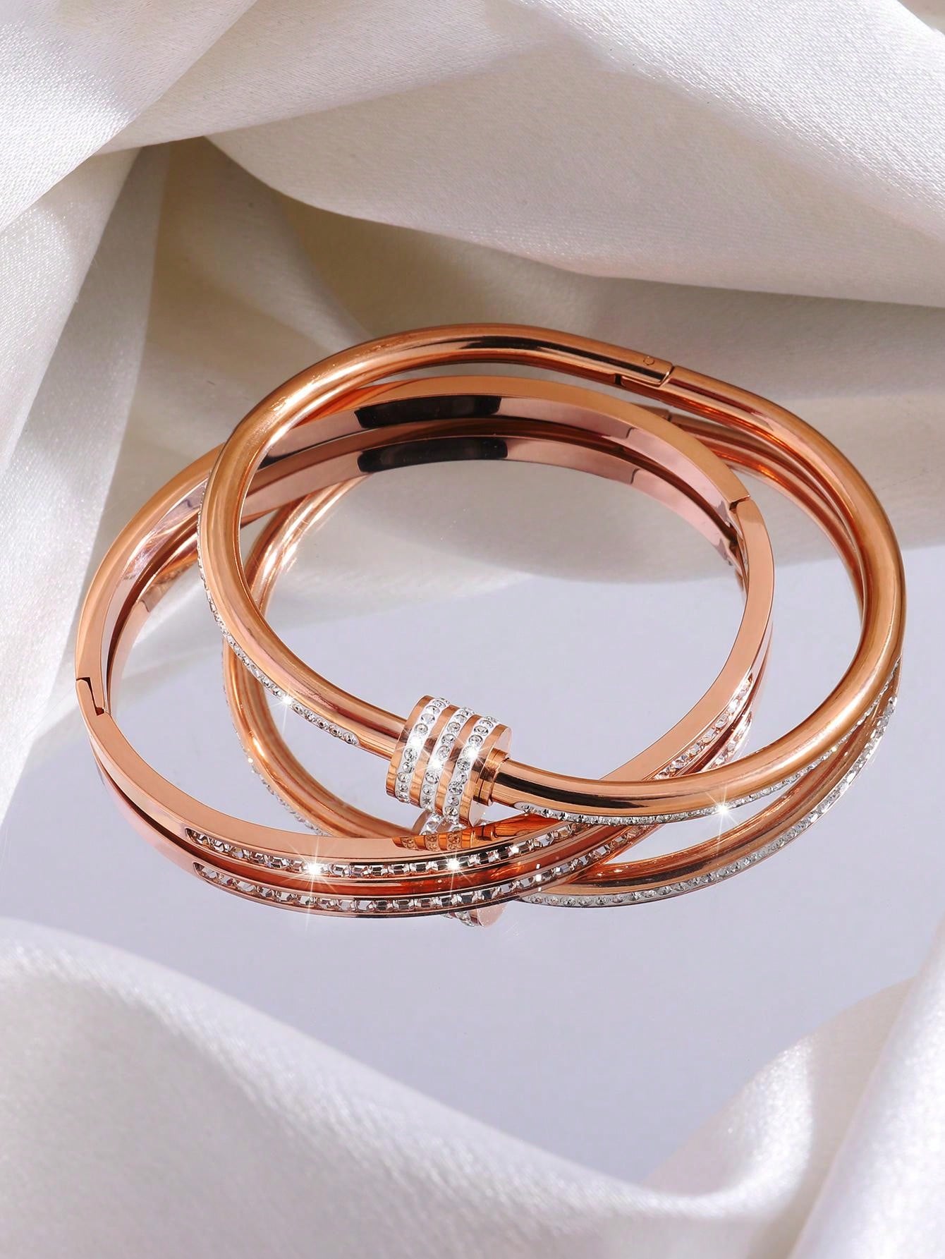 2 Pc Simple Fashion Light Luxury Stainless Steel Single Row Drill Rotating Bracelet