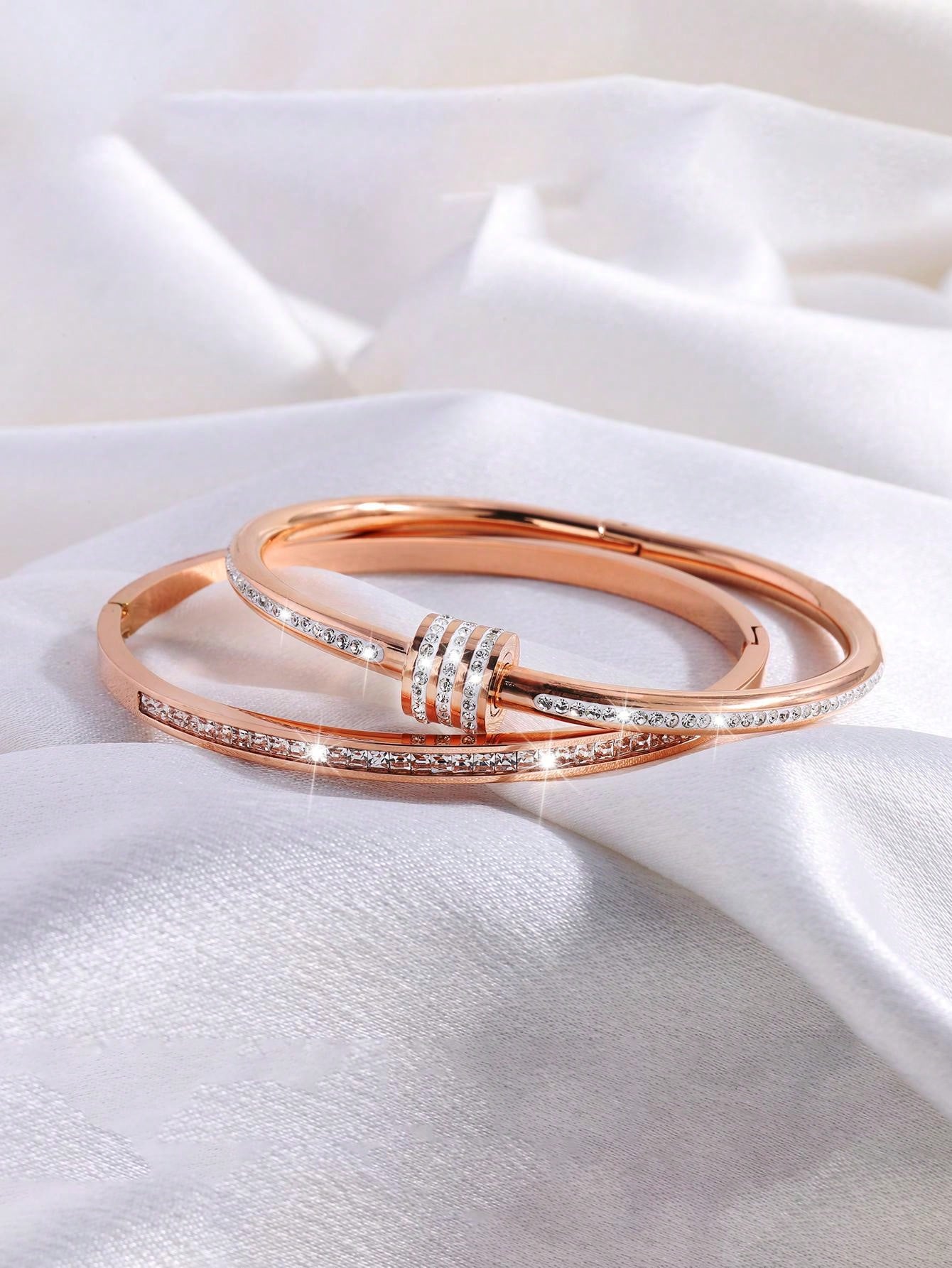 2 Pc Simple Fashion Light Luxury Stainless Steel Single Row Drill Rotating Bracelet