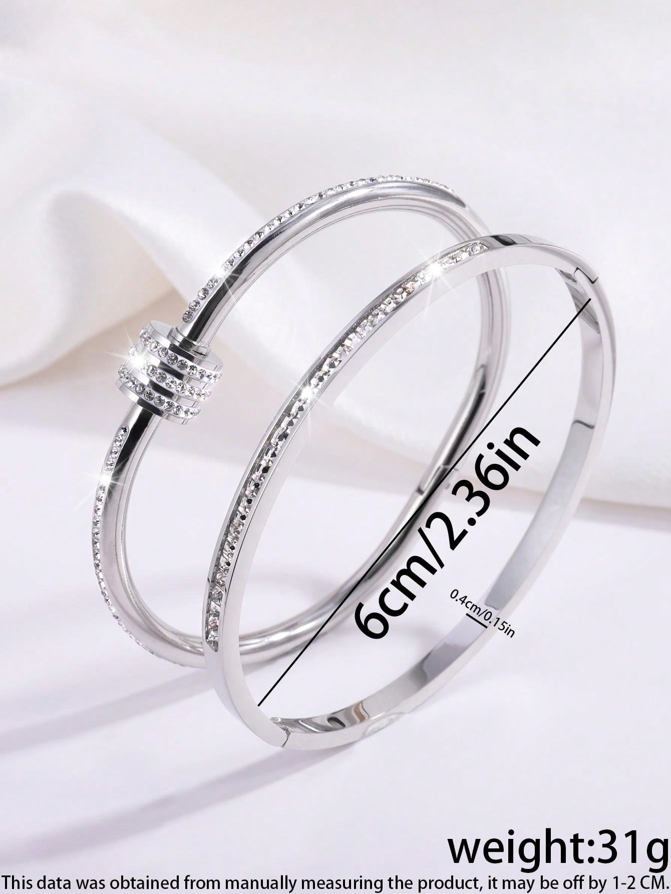 2 Pc Simple Fashion Light Luxury Stainless Steel Single Row Drill Rotating Bracelet