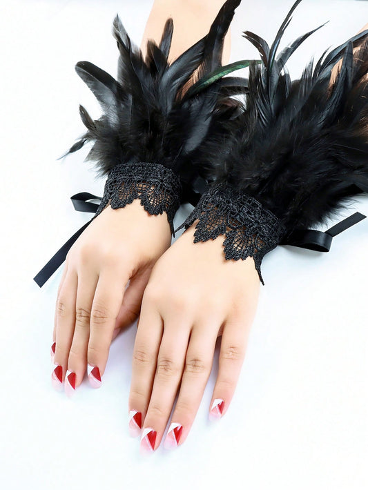 2pcs Black Lace Floral Sleeve Cuffs With Lace Strap