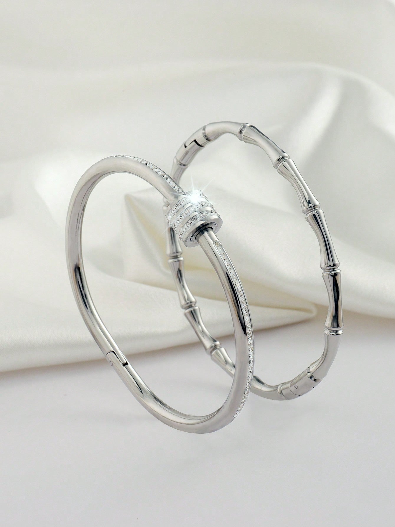 2 Pcs Stylish And Exquisite Stainless Steel Single Row Drill +Slubby Bangle Bracelet