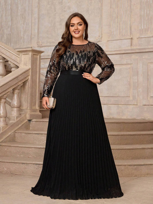 Plus Size Women's Sequin Embroidery Mesh Patchwork Pleated Chiffon Evening Dress