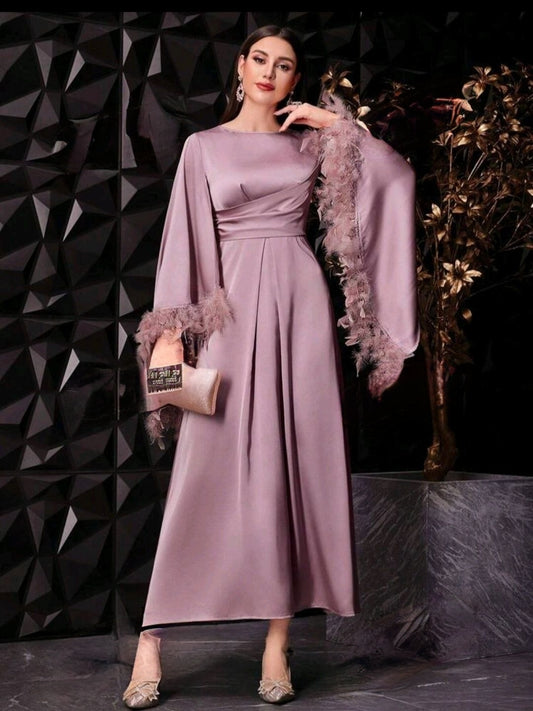 Bell Sleeve Dress with Feathered  Fringed Sleeves