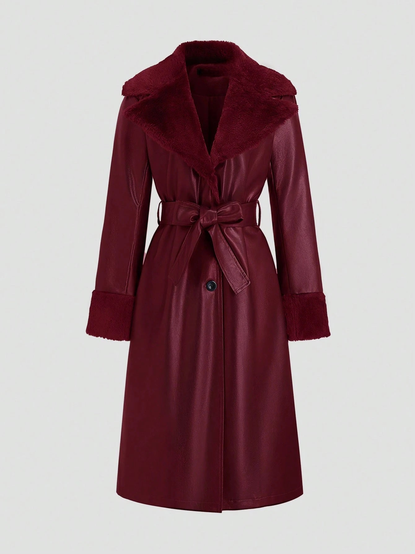 Fluffy PU Leather Splicing Trench Coat
