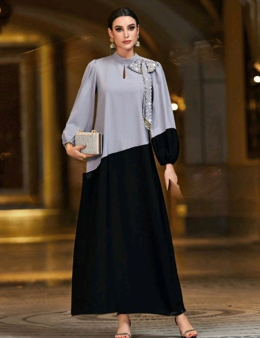 Bow Tie Color Block Modest Abaya Dress