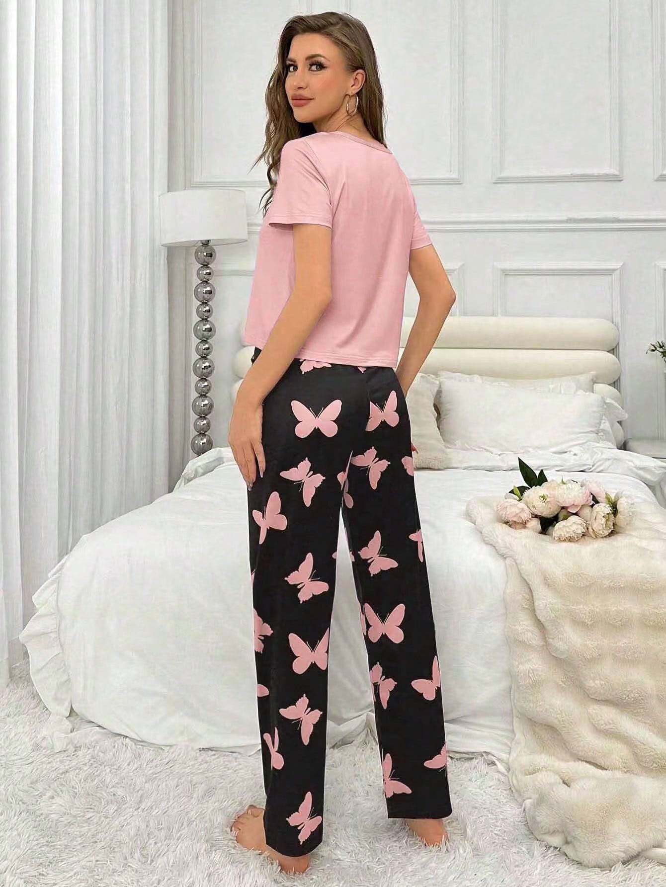 Round Neck Short Sleeve Heart Plaid Pajama Set