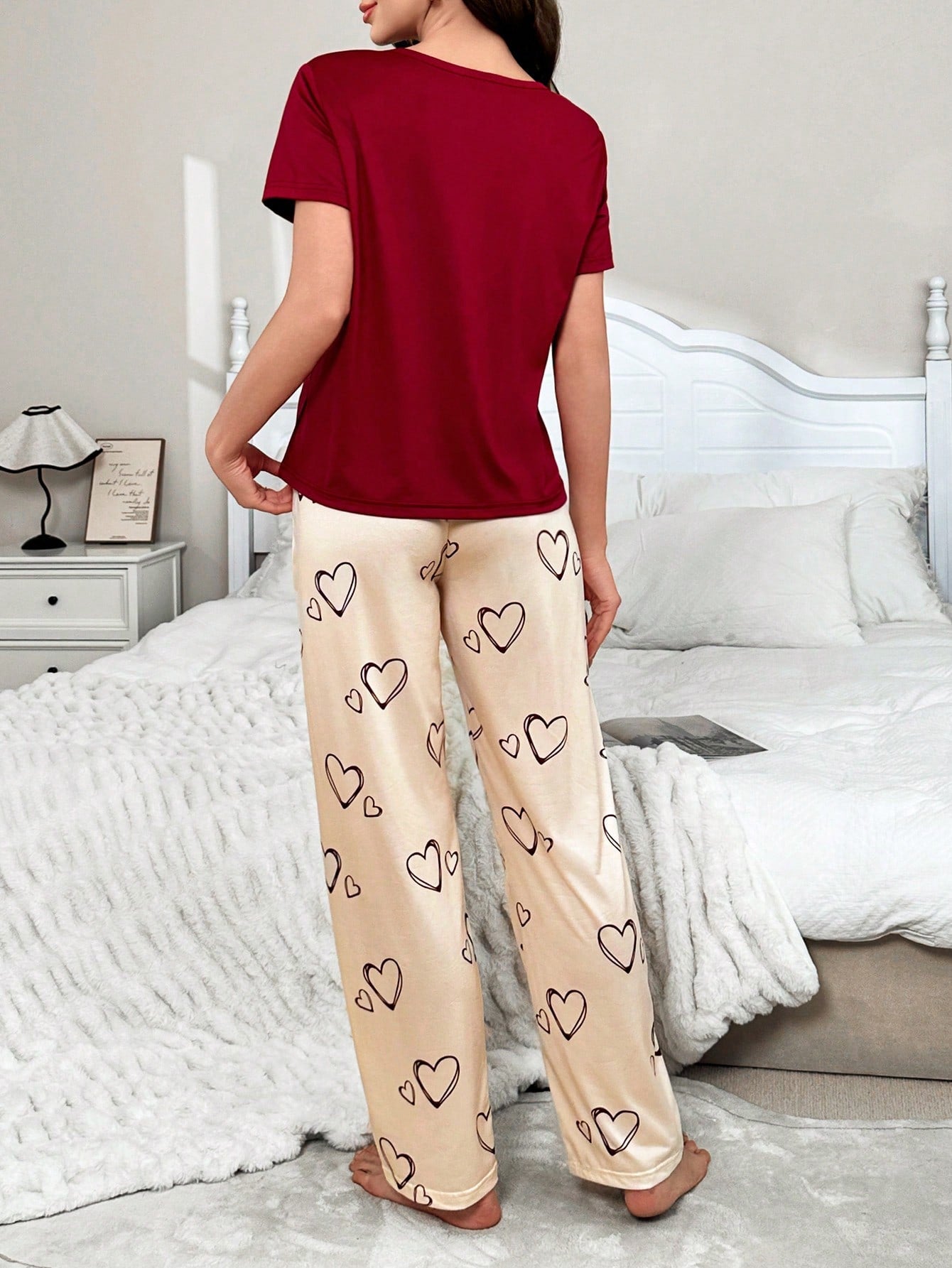 Color Block Striped Heart Print Pajama Set