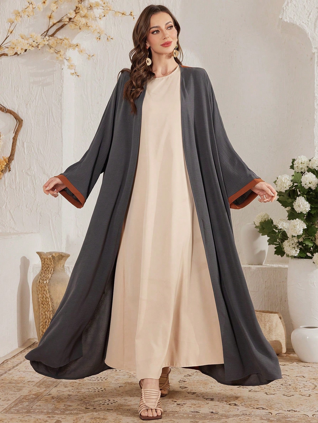 Contrast Color Block Bell Sleeve Kimono Abaya