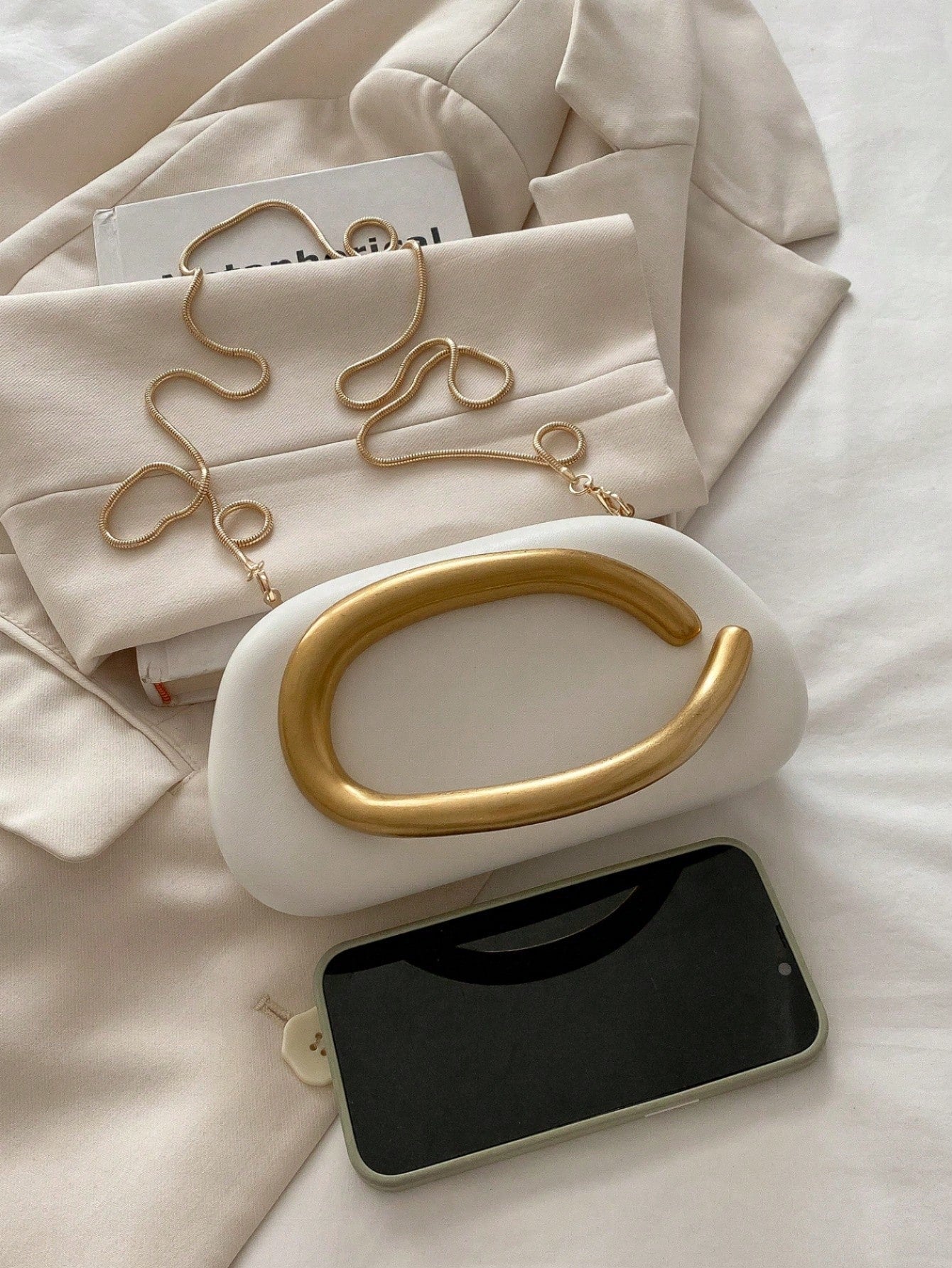 Mat White Clutch Bag With Chain Shoulder Strap