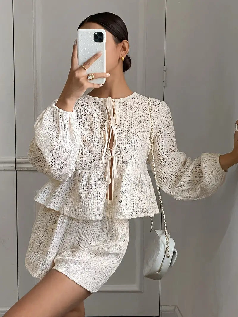 Balloon Sleeve Shirt and Shorts Two-Piece Casual Set