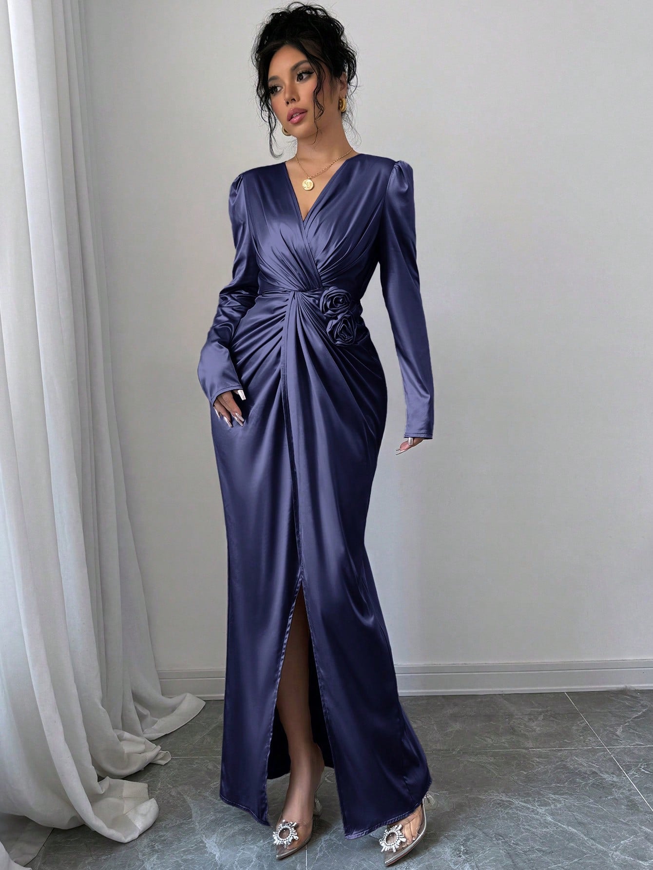 3D Floral Decor Twist Knot Waist Wrap Split Dress