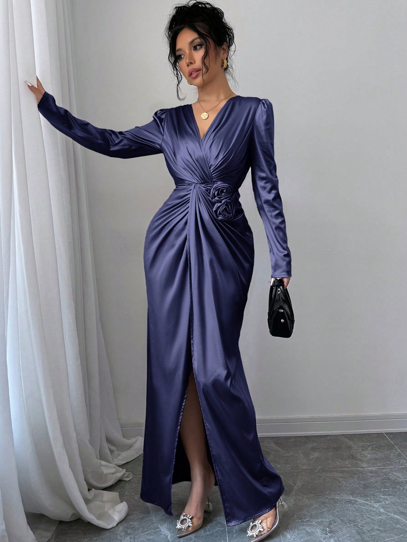 3D Floral Decor Twist Knot Waist Wrap Split Dress