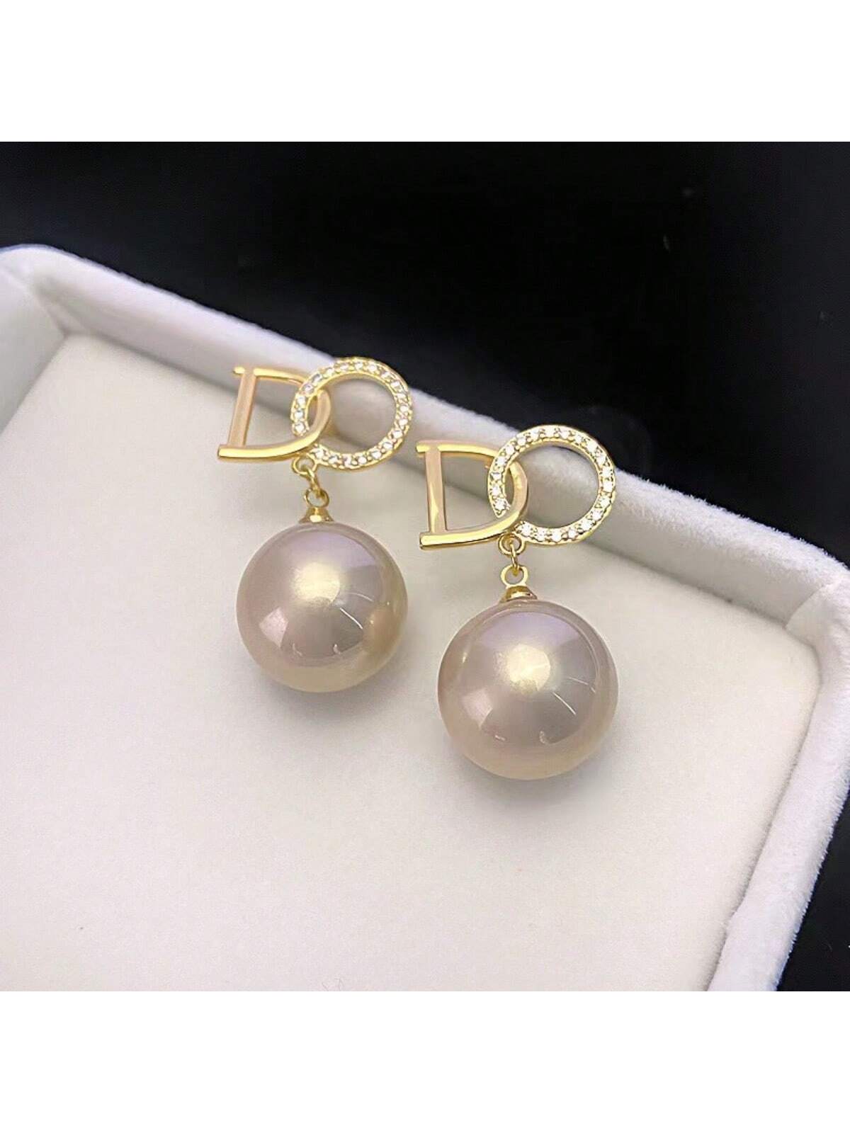 925 Silver Pin Letter Faux Pearl & Crystal Decorated Earrings