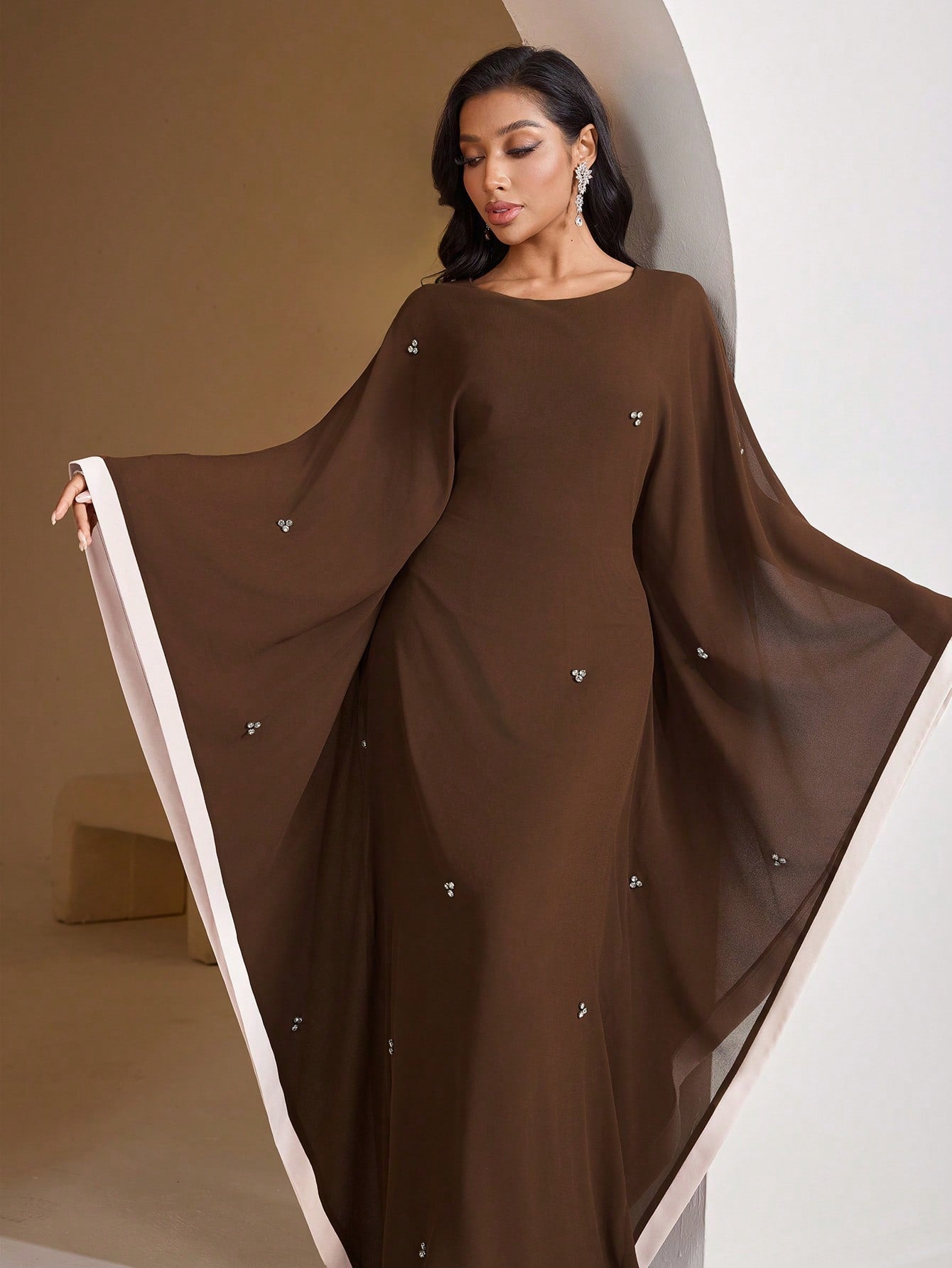 Rhinestine Embellished Round Neck Long Sleeve Abaya