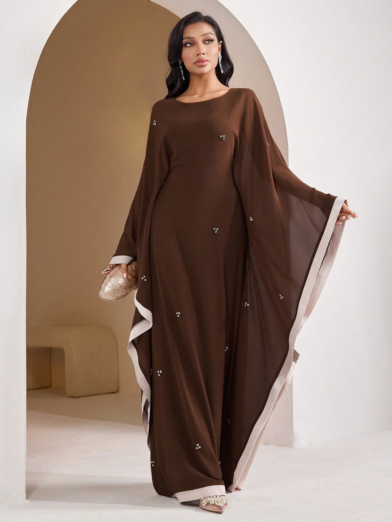 Rhinestine Embellished Round Neck Long Sleeve Abaya