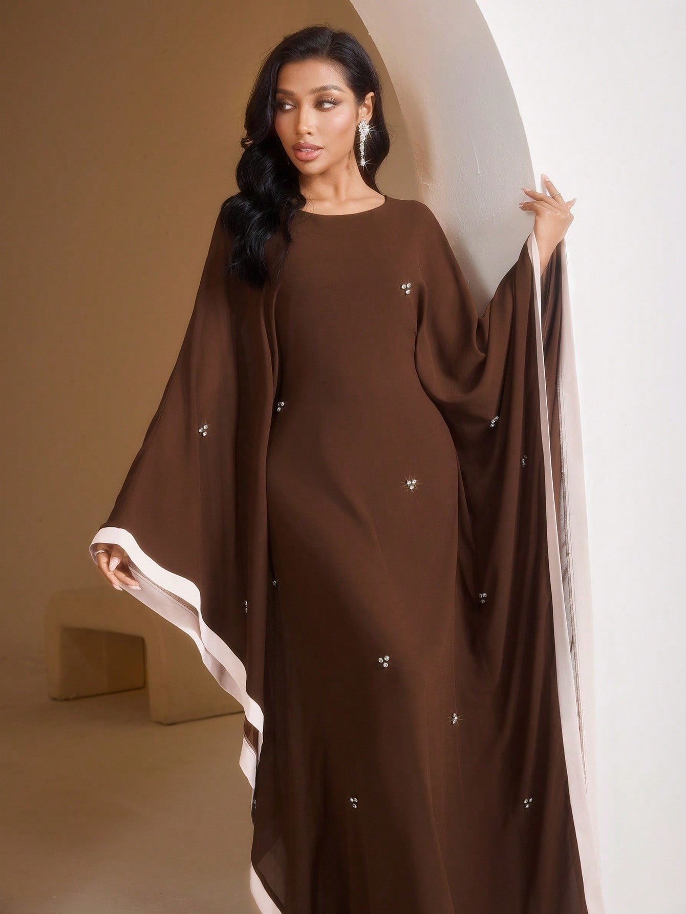 Rhinestine Embellished Round Neck Long Sleeve Abaya