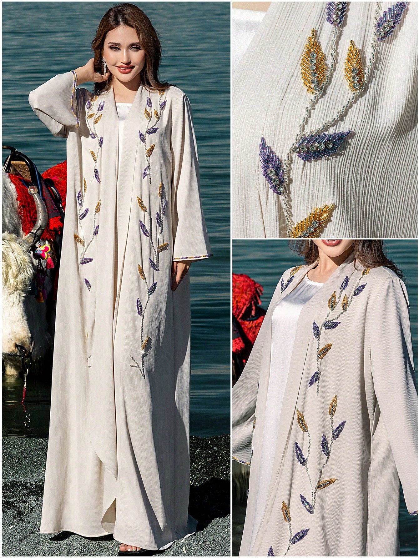 Handmade Embroidered Plant Pattern Long Sleeve Arabic Abaya