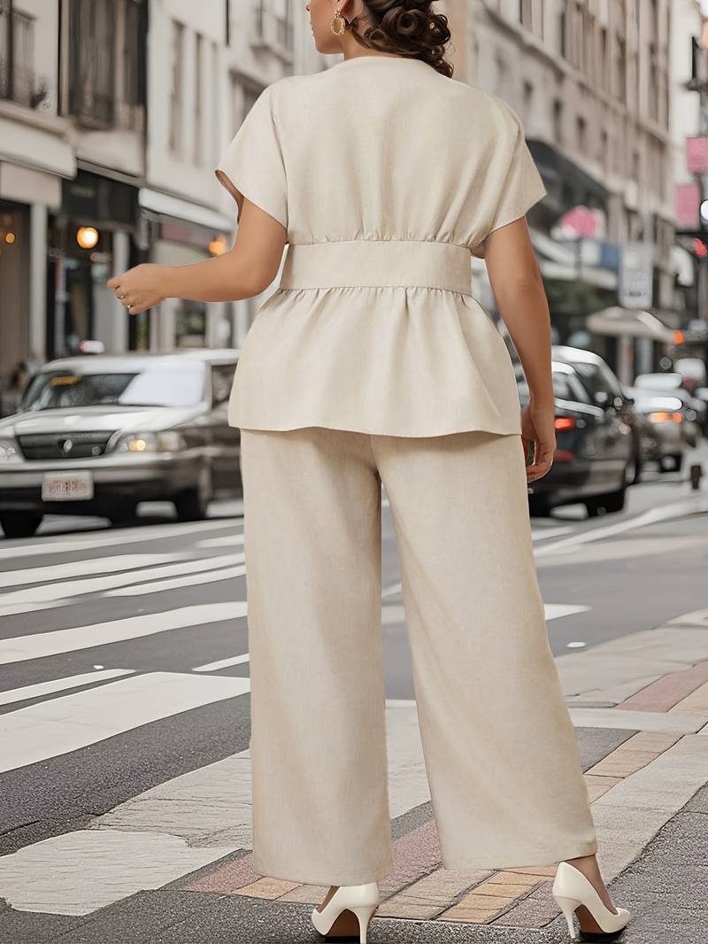 Plus V-Neck Cardigan with Belt & High-Waisted Straight-Leg Flare Pants Set