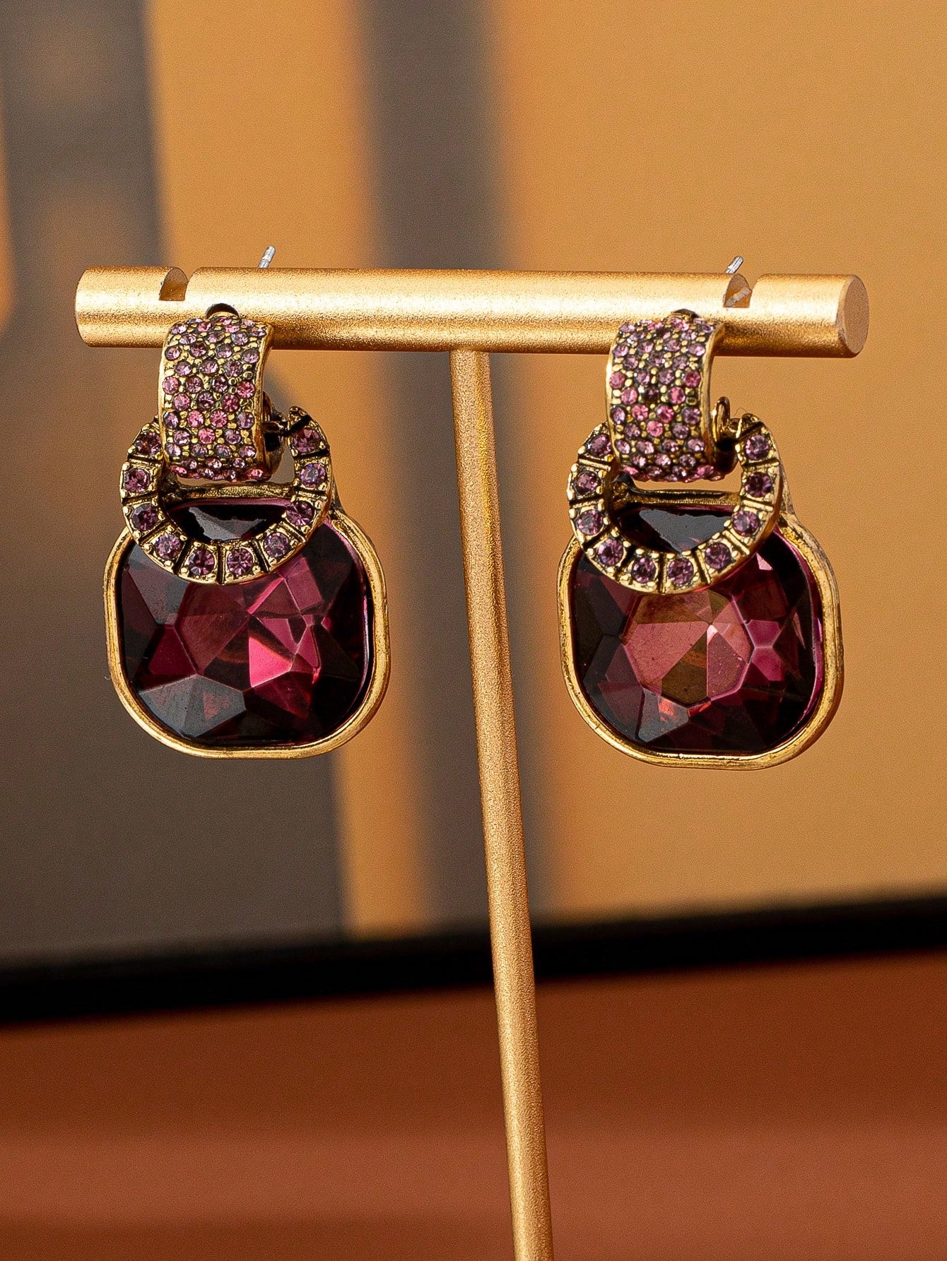Elegant Geometric Cubic Purple Rhinestone Earrings