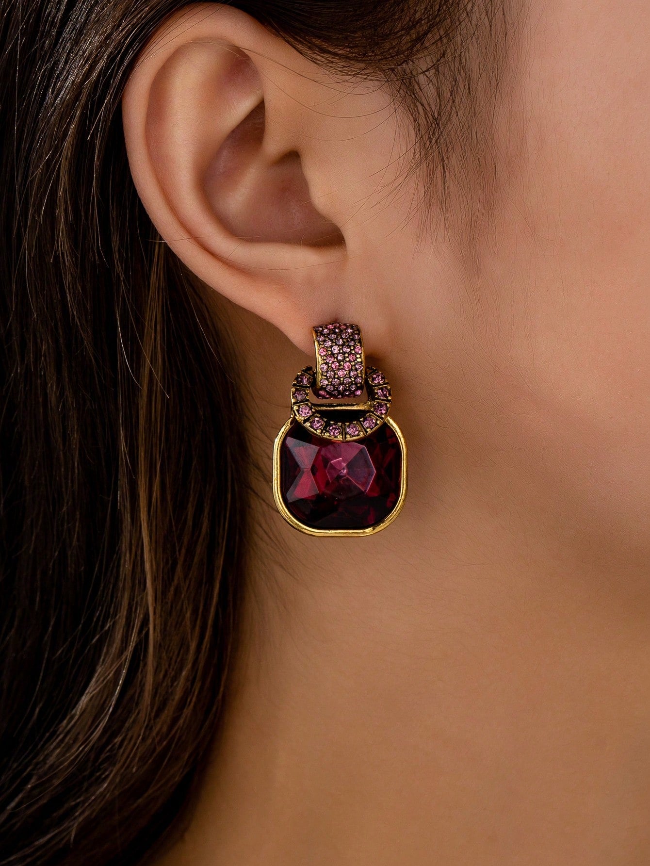 Elegant Geometric Cubic Purple Rhinestone Earrings