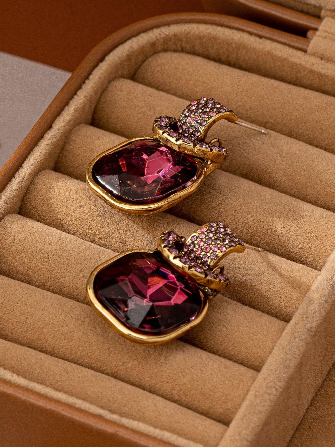 Elegant Geometric Cubic Purple Rhinestone Earrings