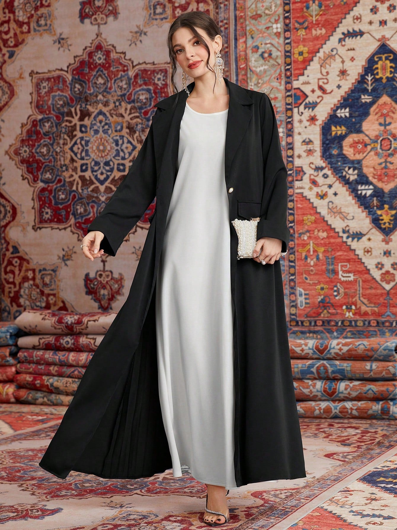 Lapel Collar Pleats Spliced Long Coat Abaya