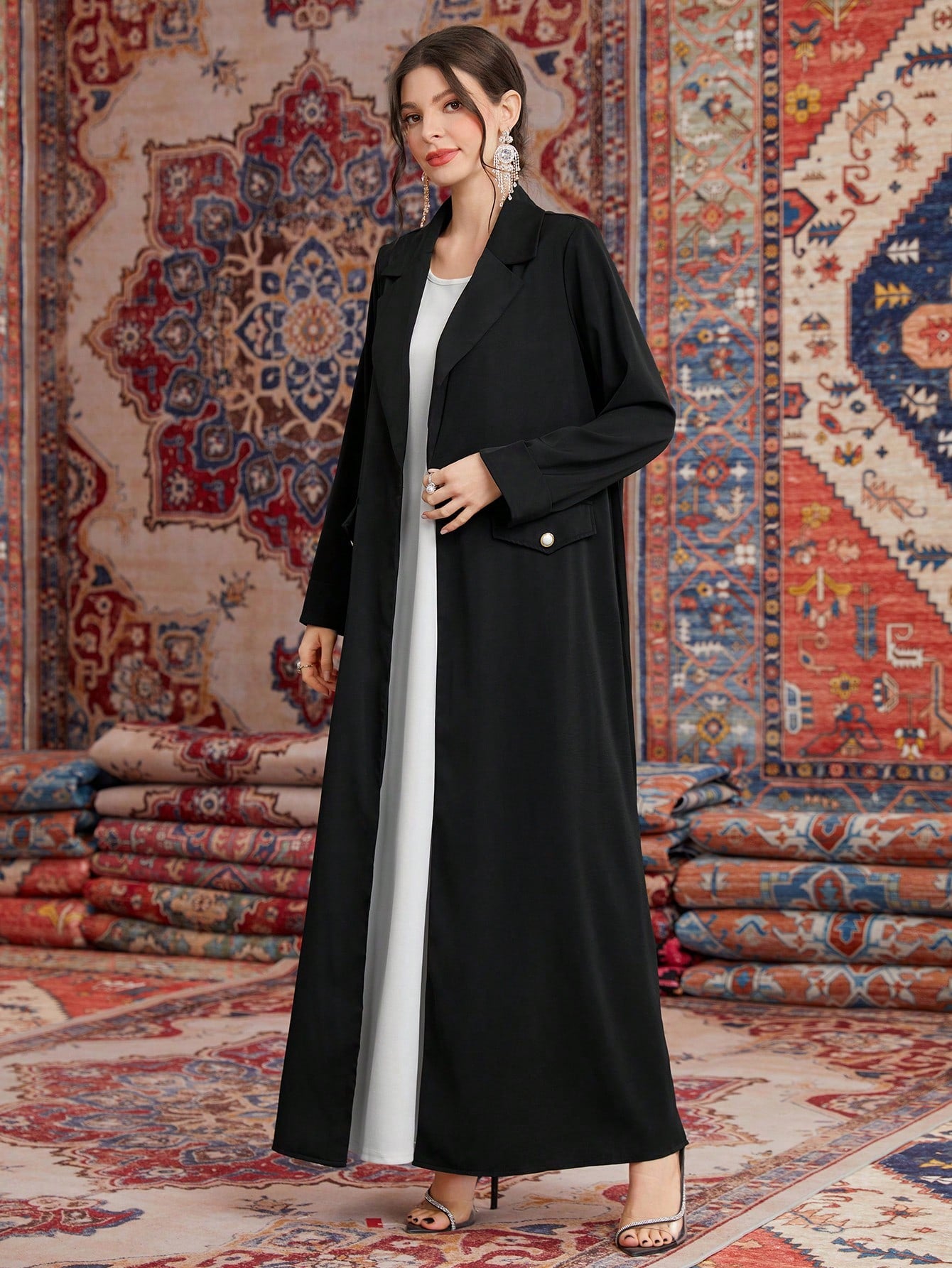 Lapel Collar Pleats Spliced Long Coat Abaya