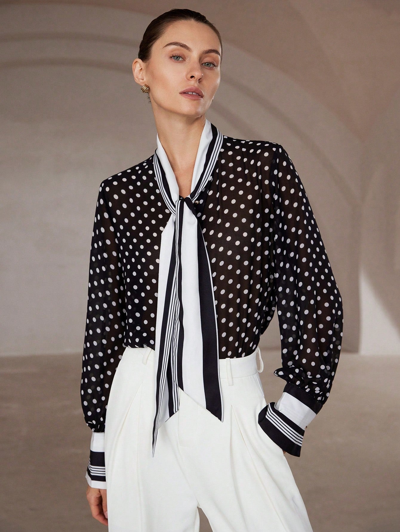 Vintage Elegant Snowflake Dot Patchwork Striped Sheer Chiffon Long Sleeve Blouse