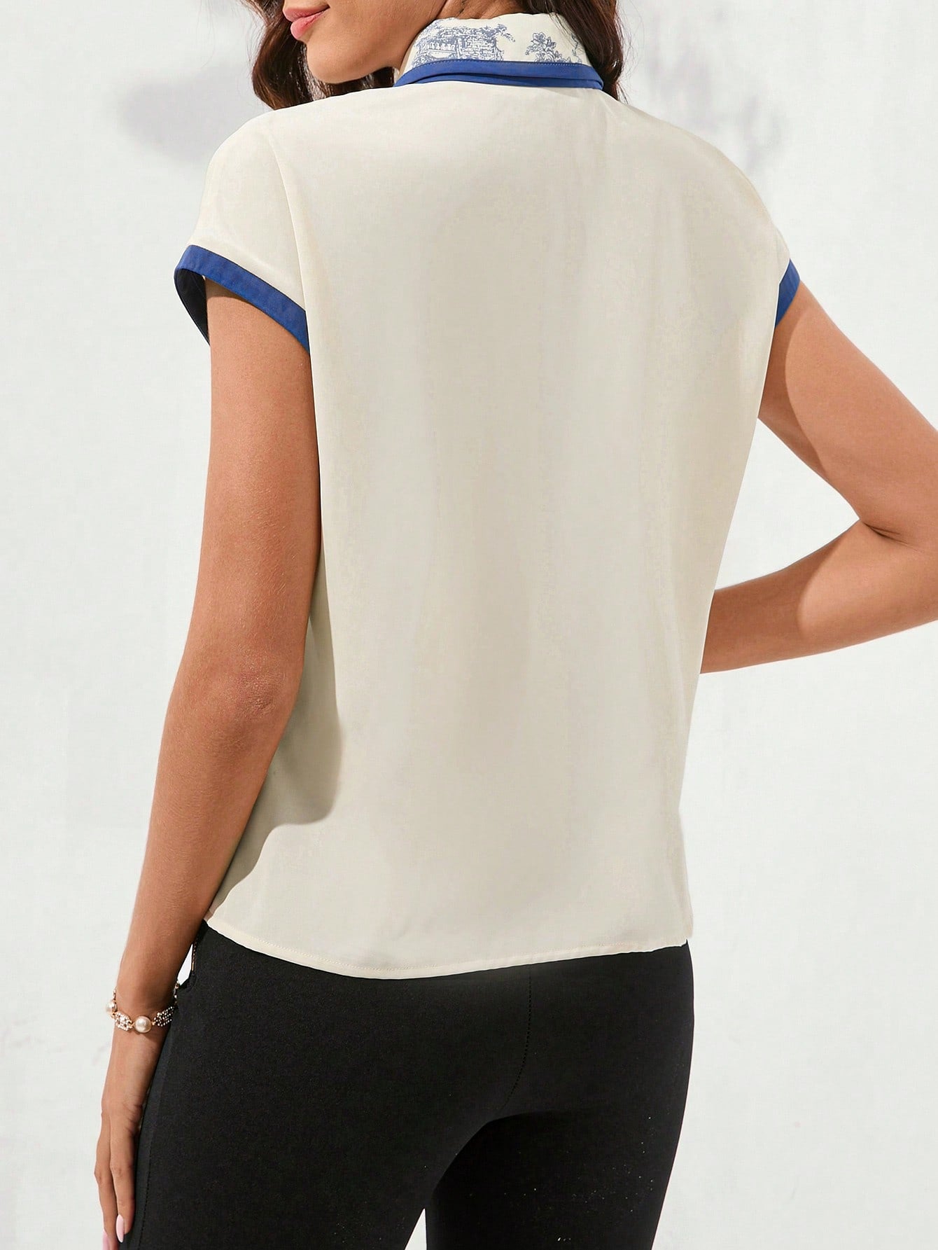 Colorblock Collar Left-Right Splicing Big Bow Knot Women's Blouse