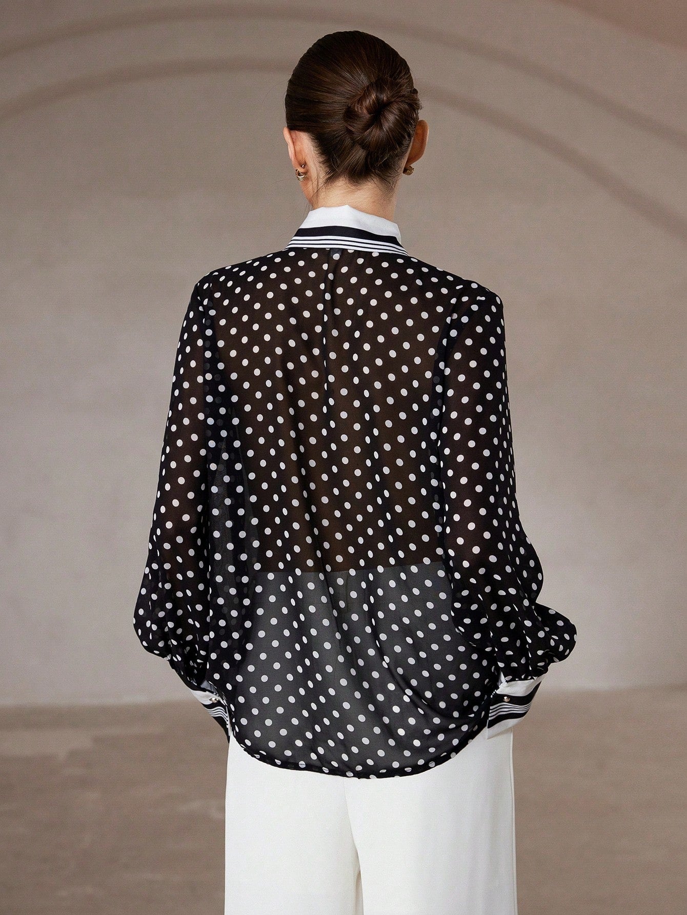 Vintage Elegant Snowflake Dot Patchwork Striped Sheer Chiffon Long Sleeve Blouse