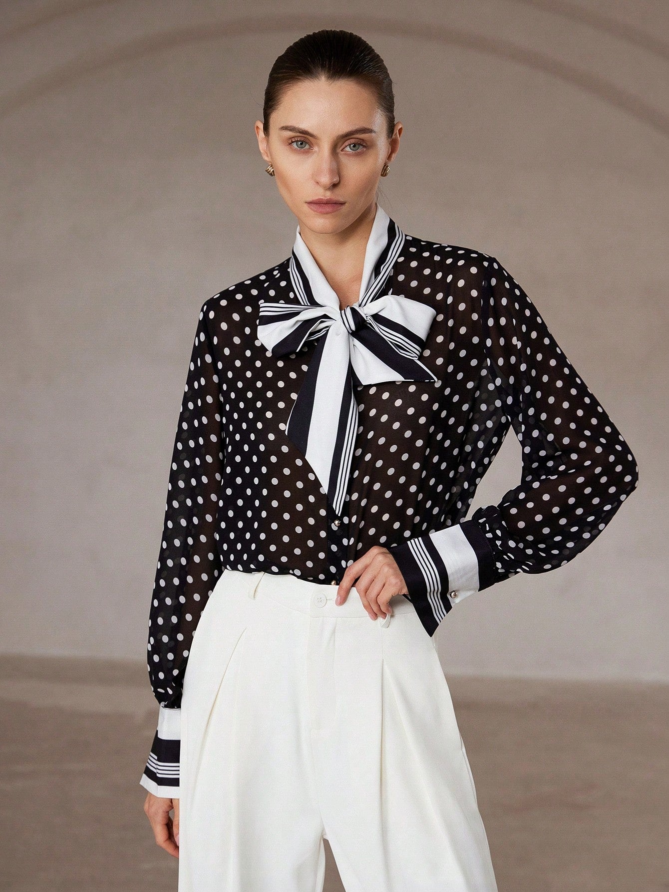 Vintage Elegant Snowflake Dot Patchwork Striped Sheer Chiffon Long Sleeve Blouse