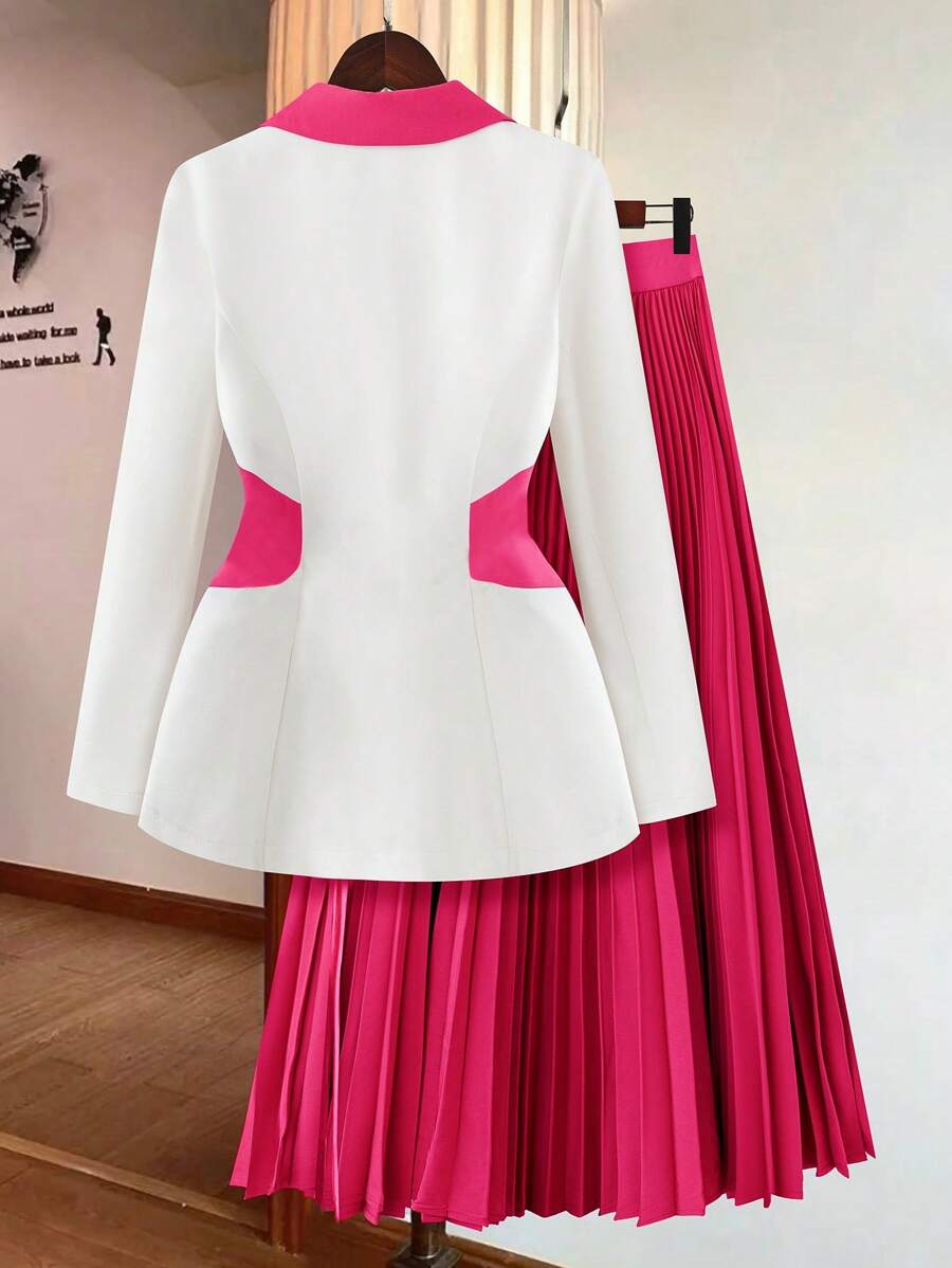 Contrast Color Splice Jacket n Pleated Skirt Suit Set