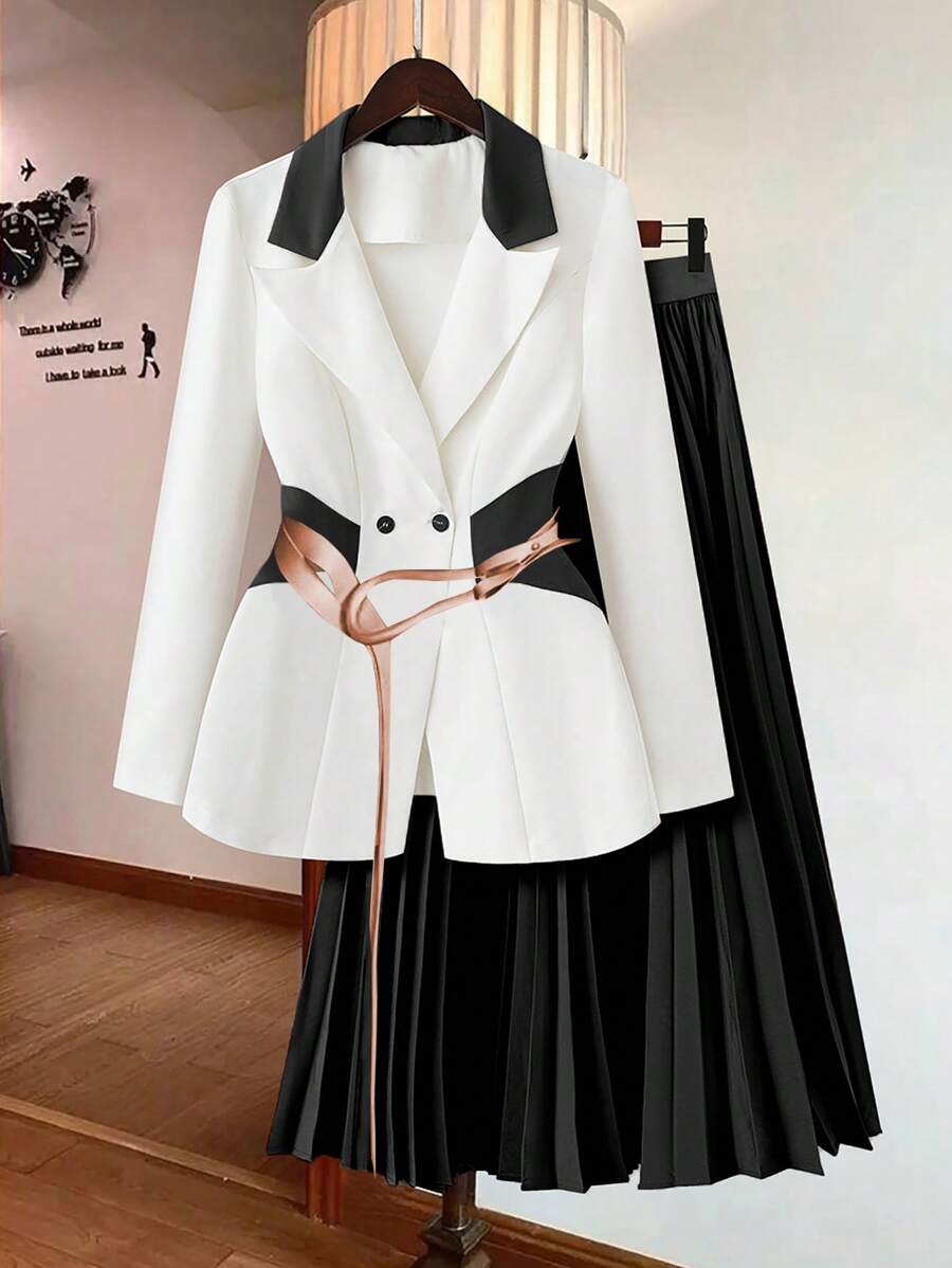 Contrast Color Splice Jacket n Pleated Skirt Suit Set