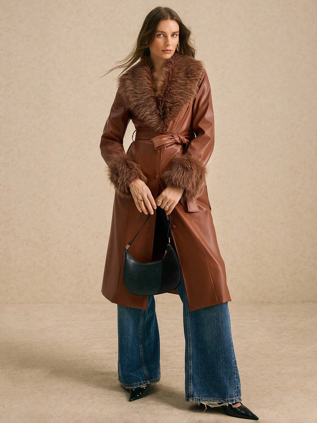 Brown Fluffy Collar PU Leather Long Trench Coat Jacket