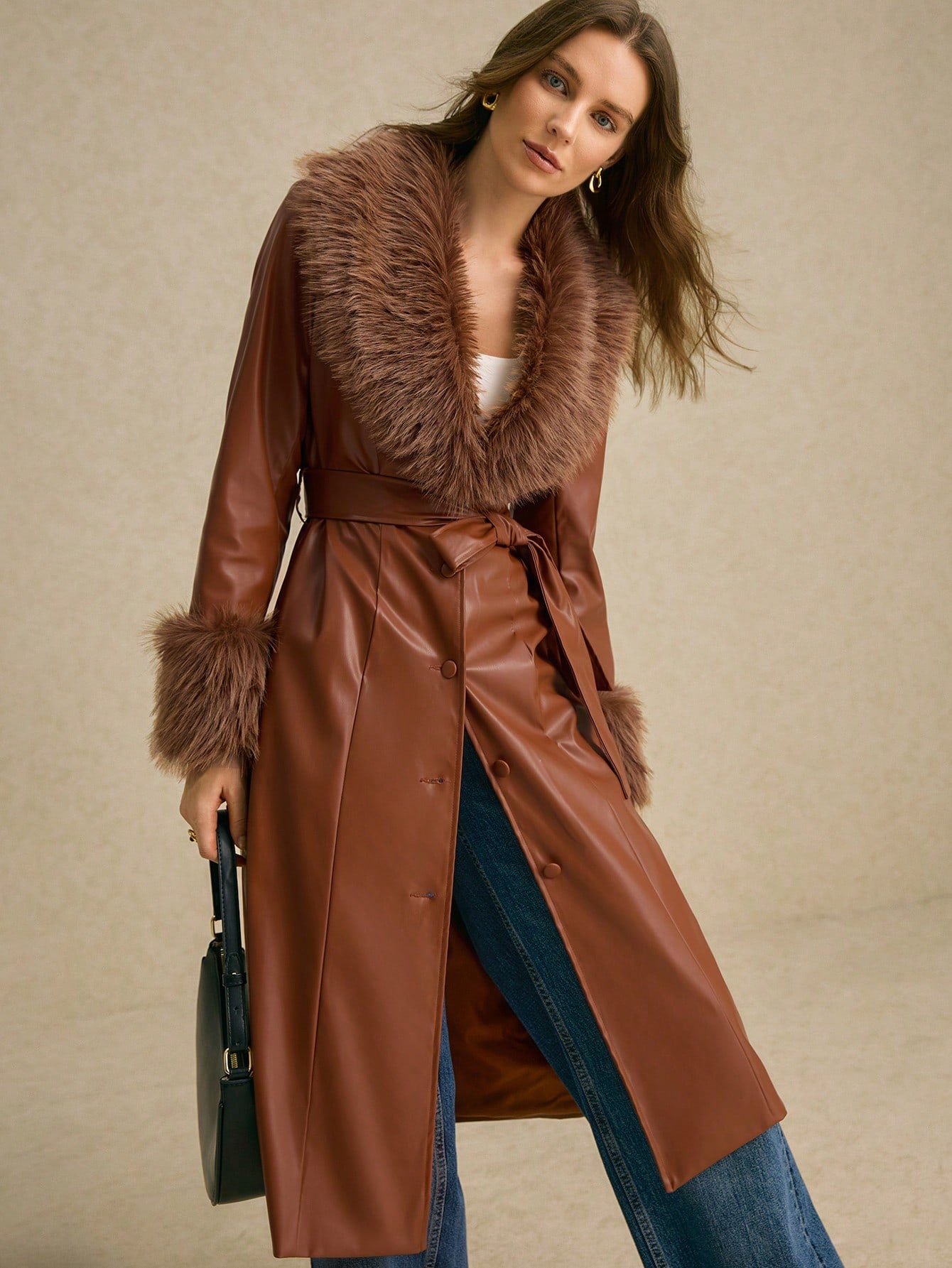 Brown Fluffy Collar PU Leather Long Trench Coat Jacket