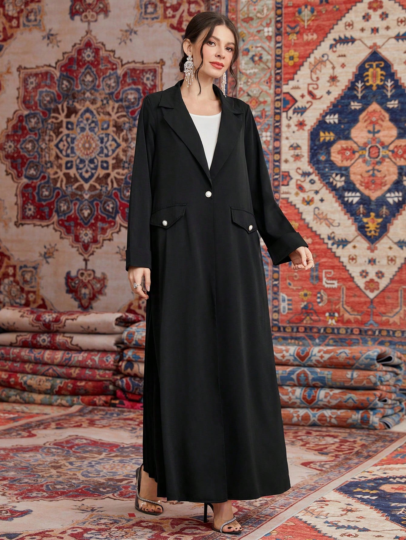 Lapel Collar Pleats Spliced Long Coat Abaya