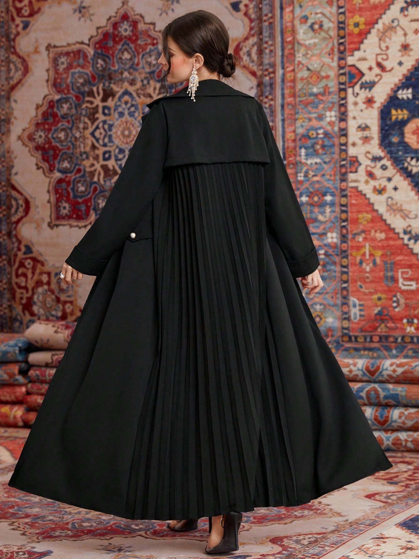 Lapel Collar Pleats Spliced Long Coat Abaya