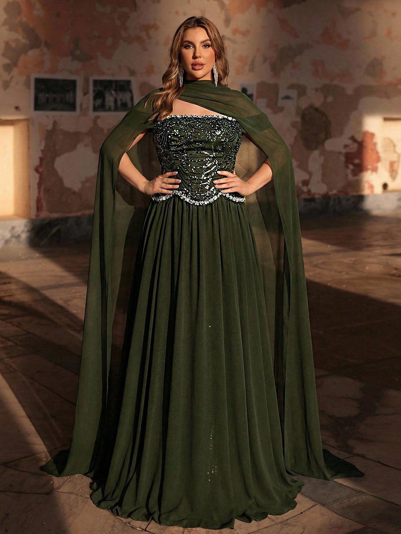 Plus Size Beaded & Sequin Patchwork Chiffon Flare Sleeve Evening Dress